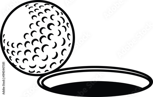 Golf ball illustration with a hole in simple black and white vector design on a transparent background for sports graphic