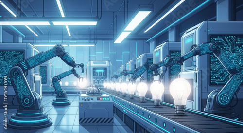Automated Production Line with Robotic Arms Assembling Light Bulbs in a Futuristic Factory