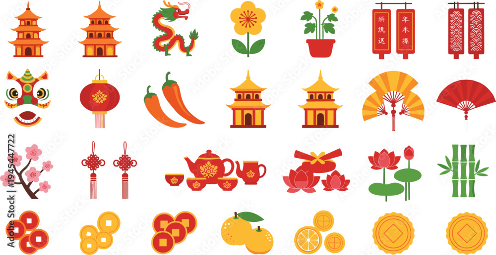 Fototapeta premium Chinese New Year Icon Set Featuring Lanterns, Dragons, Pagodas, Flowers, and Traditional Symbols for Cultural and Holiday Designs