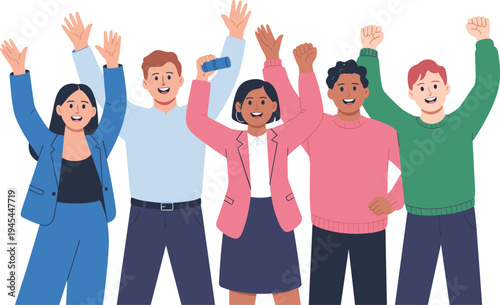Happy diverse team raising hands together, teamwork celebration, success motivation concept, positive people illustration