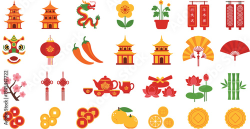Chinese New Year Icon Set Featuring Lanterns, Dragons, Pagodas, Flowers, and Traditional Symbols for Cultural and Holiday Designs