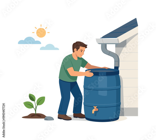 A coastal resident installing a simple rainwater collection system to reduce water waste and support sustainable home practices, representing environmental responsibility and practical water