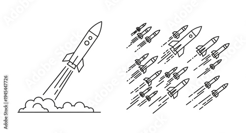 Rocket Launch and Missile Barrage Line Art.