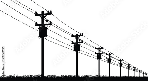 Silhouette electric power line poles with transformers receding into distance, energy transmission, rural infrastructure, electricity distribution, minimalist landscape