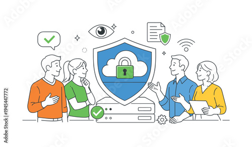 A team discussing responsible technology use while building trust in modern digital services, standing around a large shield combined with a cloud symbol that represents secure data
