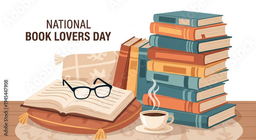 National book lovers day illustration with books glasses and coffee on a table