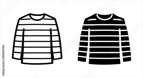 Striped long-sleeve t-shirt icons, black and white outline illustration