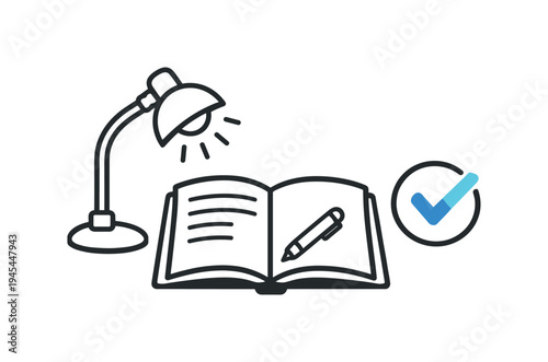 Focused work session and distraction free productivity for professionals completing meaningful tasks with clarity and concentration, a simple desk lamp illuminating an open notebook beside a