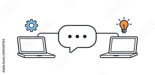 Remote teamwork and smooth communication between distributed colleagues working from different locations, two simple laptops connected through a central chat bubble symbolizing digital