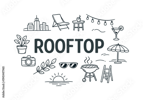 Urban rooftop lifestyle concept highlighting modern city rooftops used for relaxation, small gardens and social gatherings above busy metropolitan streets. ROOFTOP central title surrounded