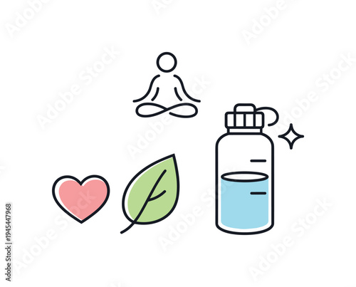 Healthy lifestyle balance through simple daily habits supporting long term physical and emotional wellbeing, a small heart beside a leaf and a water bottle symbolizing hydration, mindfulness