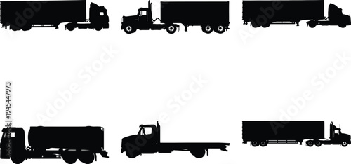 Assortment of truck silhouettes including box trucks, tankers, and flatbeds, representing the diverse world of commercial road freight and delivery.