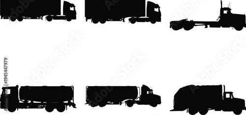 Group of truck silhouettes displaying various models such as semi-trailers, tankers, and a garbage truck, perfect for themes of shipping and industry.