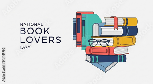 National book lovers day celebration with colorful stacked books and glasses on white background