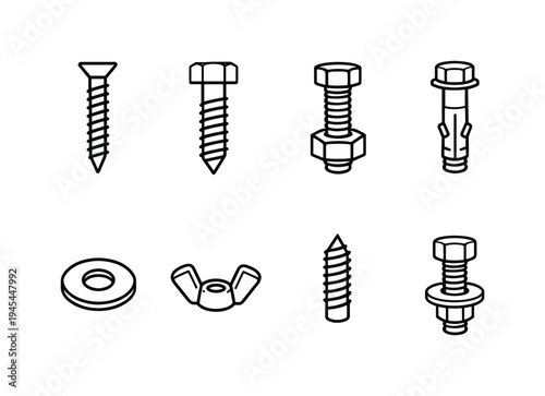 Construction screws and bolts: wood screw, lag bolt, hex bolt with nut, expansion anchor bolt, washer ring, wing nut, threaded screw tip, bolt with washer