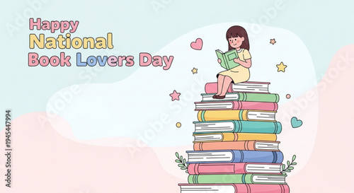 Girl sitting on colorful stacked books reading happy national book lovers day