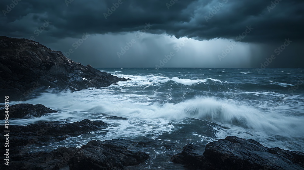 Obraz premium Dramatic seascape with dark clouds and waves crashing against rocks