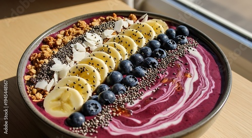 A vibrant and healthy breakfast bowl with fruit and granola toppings illustration
