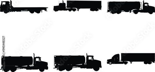 Assortment of truck silhouettes showcasing flatbed trucks, semi-trailer trucks, and tanker trucks, isolated against a clean white backdrop.