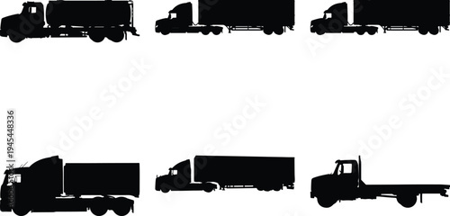 Compilation of truck silhouettes including tanker trucks, semi-trailer trucks, and flatbed trucks, displayed in black on a white background.