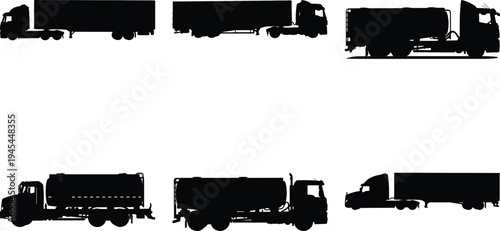 Group of truck silhouettes featuring semi-trailer trucks, tanker trucks, and box trucks, isolated on a plain white background for easy use.