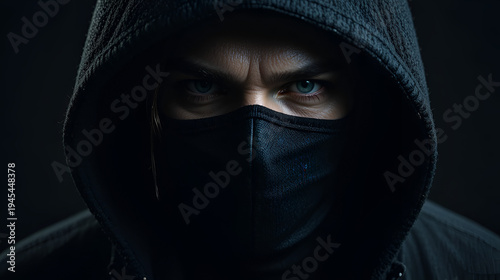 Close-up of a masked bank robber's face, hood casting shadows over his features, set against a stark black background