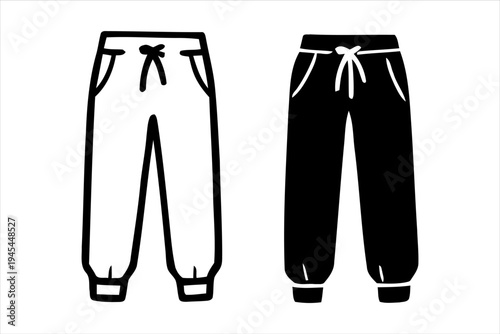 Two styles of jogger pants in outline and solid black illustration