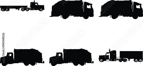 Set of various truck silhouettes featuring garbage trucks, flatbed trucks, and tractor-trailers, presented in black on a white background.