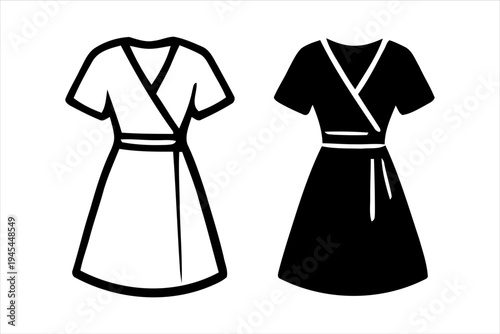 Black and white fashion wrap dress icons on isolated background