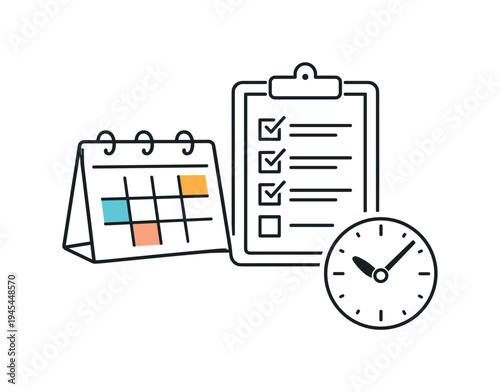 Structured daily planning and organized productivity for professionals managing multiple responsibilities and deadlines, a simple desk calendar beside a checklist and a small clock
