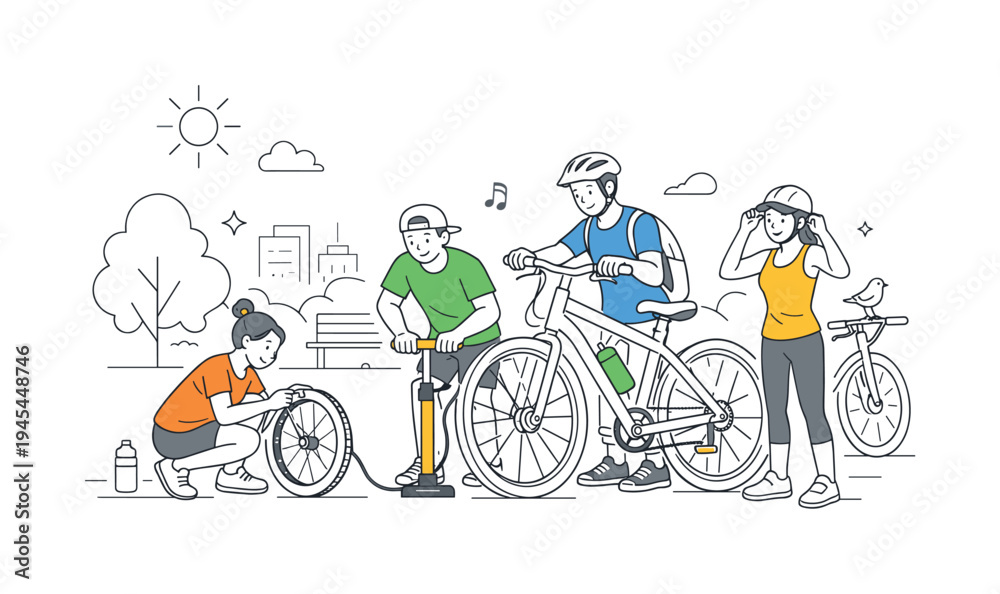 Obraz premium A group of friends preparing bicycles before a weekend ride through the city park, gathered around a large bicycle and a simple air pump that symbolize active lifestyle, outdoor recreation