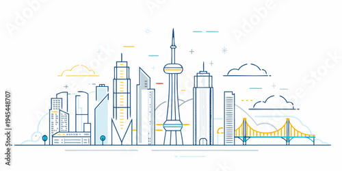 Minimalist line art depicts a modern cityscape with iconic landmarks