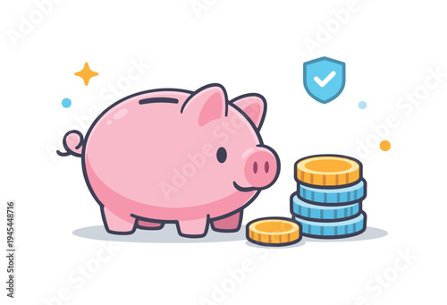 Personal savings discipline and responsible money management supporting long-term financial stability and security in everyday life, a classic piggy bank placed beside a small coin stack