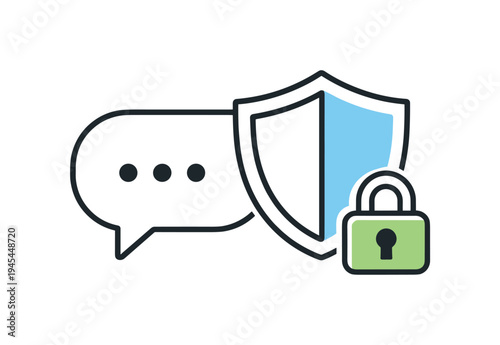 Secure digital communication and protected messaging in modern online platforms used for everyday business and personal interaction, a simple chat bubble beside a shield and a small lock