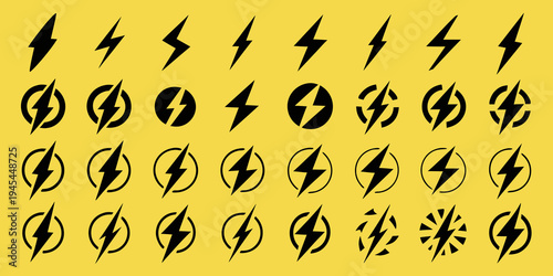 A collection of black lightning bolts and electrical symbols on yellow