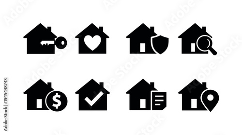 Real estate property: house with key, house with heart, house with shield, house with magnifying glass, house with dollar coin, house with checkmark, house with document, house with location