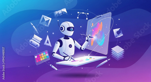 Creative Robot Designing Digital Art on a Futuristic Tablet Surrounded by Creative Tools