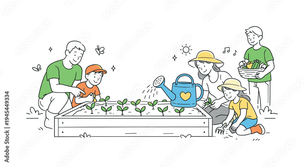 Naklejka premium A family spending a peaceful weekend growing vegetables together and learning practical gardening habits in their backyard space, visual metaphor of a large raised garden bed with young