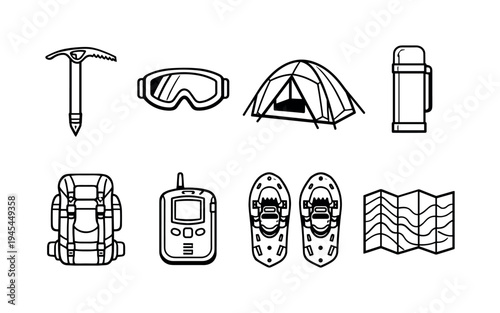 Winter mountain expedition: climbing ice axe, snow goggles, mountain tent, thermos flask, trekking backpack, avalanche beacon device, snowshoes, folded topographic map