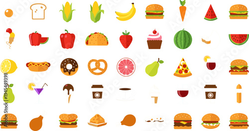 Food and Drink Icon Set Featuring Burgers, Fruits, Desserts, Drinks, and Snacks for Fun and Tasty Designs