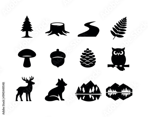 Forest nature scenery: tall tree, tree stump, forest path, fern leaf, mushroom, acorn, pine cone, owl on branch, deer silhouette, fox silhouette, mountain with trees, lake with reflection