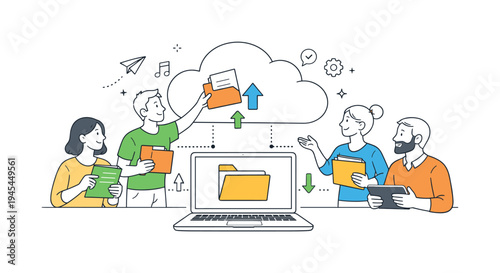 Remote coworkers organizing digital documents in a shared workspace environment, a group of people interacting around a large cloud storage icon connected to a laptop while a simple folder