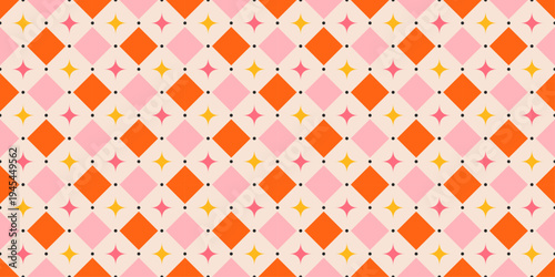 Y2k Checkered Seamless Pattern with Sparkling Stars. Cute colourful circus carnival background. Pink and orange checkerboard. Vintage or retro print for wrapping paper. Vector illustration art