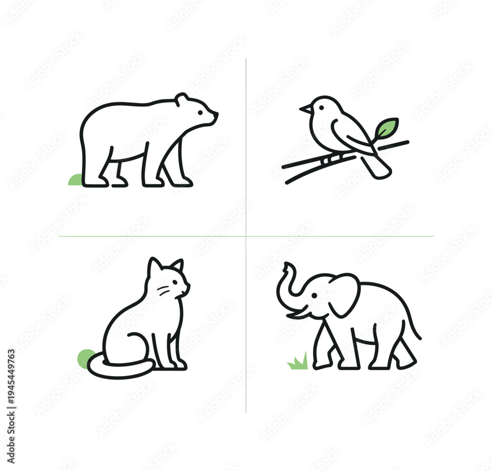 Obraz premium Wildlife diversity and appreciation for animals in natural environments representing respect for nature and global biodiversity, four tiles showing a simple standing bear in side profile, a