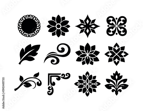 Decorative ornamental shapes: circular ornament, floral rosette, ornamental star, symmetric swirl, decorative leaf, spiral flourish, petal mandala, geometric flower, curved vine, ornamental