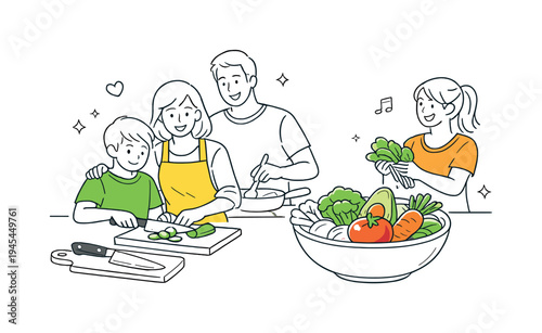A family spending a relaxing afternoon cooking together and learning how to prepare balanced meals with fresh ingredients at home, visual metaphor of a large bowl filled with vegetables