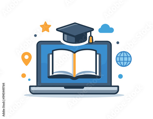 Online education and digital knowledge access empowering people to study and build new skills from anywhere in the world, a laptop displaying an open book icon with a small graduation cap