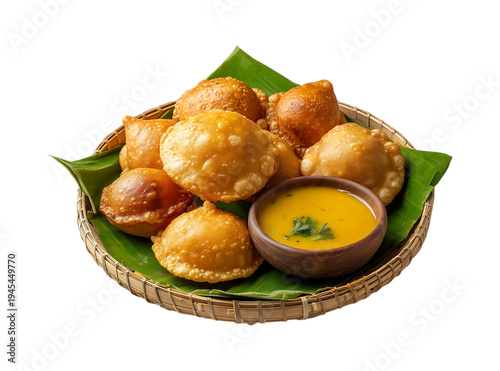 Crispy Golden Fried Puris with Savory Lentil Dip on Banana Leaf isolated on a transparent background
