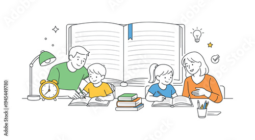 Parents helping children organize homework time and build productive study habits in a calm home learning environment, visual metaphor of a large open notebook placed beside a simple desk