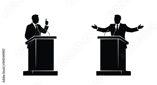 Two Politicians Debating at Lecterns Silhouettes.